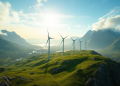 Champ d'éoliennes sur une colline verdoyante avec des montagnes à l'arrière-plan.