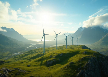 Champ d'éoliennes sur une colline verdoyante avec des montagnes à l'arrière-plan.