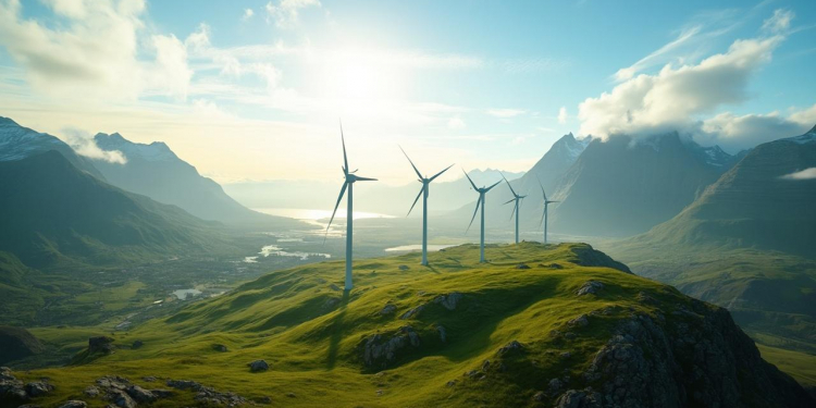 Champ d'éoliennes sur une colline verdoyante avec des montagnes à l'arrière-plan.