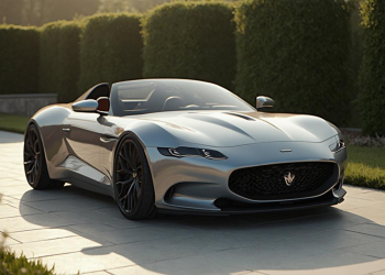 Superbe voiture de sport Maserati grise sur un tapis de verdure