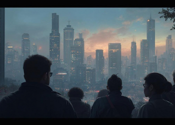 Des gens observant un paysage urbain avec des gratte-ciel illuminés au coucher du soleil