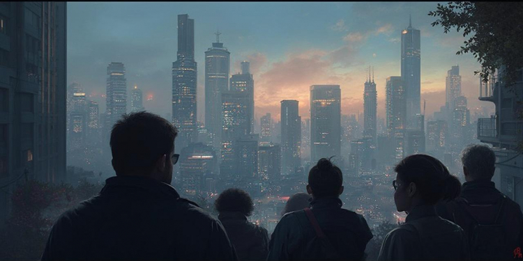 Des gens observant un paysage urbain avec des gratte-ciel illuminés au coucher du soleil