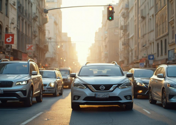 Rue étroite de la ville avec plusieurs voitures en mouvement