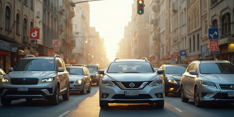 Rue étroite de la ville avec plusieurs voitures en mouvement